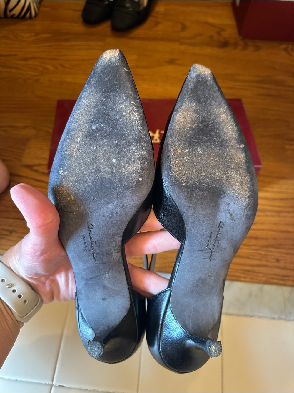 Salvatore Ferragamo Black Leather T-Strap Pointed Pumps - Picture 7 of 8